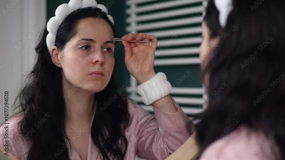 Woman plucking eyebrows with tweezers front bathroom mirror.  Woman doing correction eyebrow wearing in pink pajama