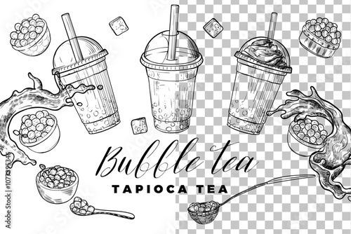 Hand drawn vector bubble tea illustration. Black outline of milk tea with tapioca pearls on white background. Banner design for social media. Cafe and cocktails drawings. Boba tea for menu design.