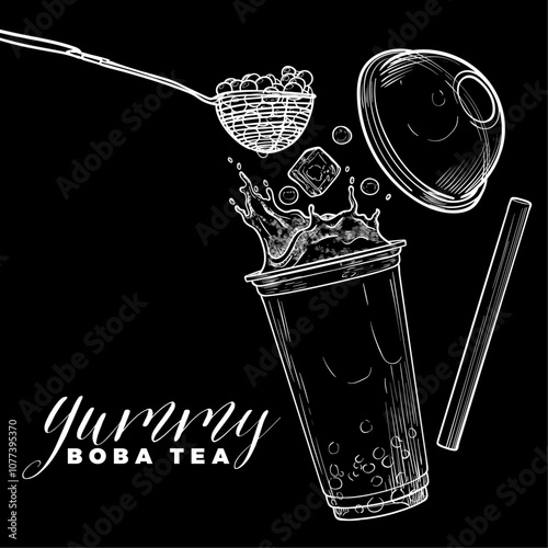 Hand drawn vector bubble tea illustration. White outline of milk tea with tapioca pearls on black background. Square visual for social media. Cafe and cocktails drawings. Boba tea for menu design.