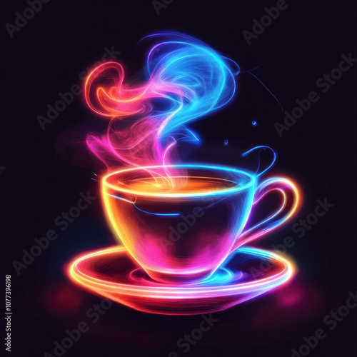 A glowing coffee cup with colorful steam rising from it.
