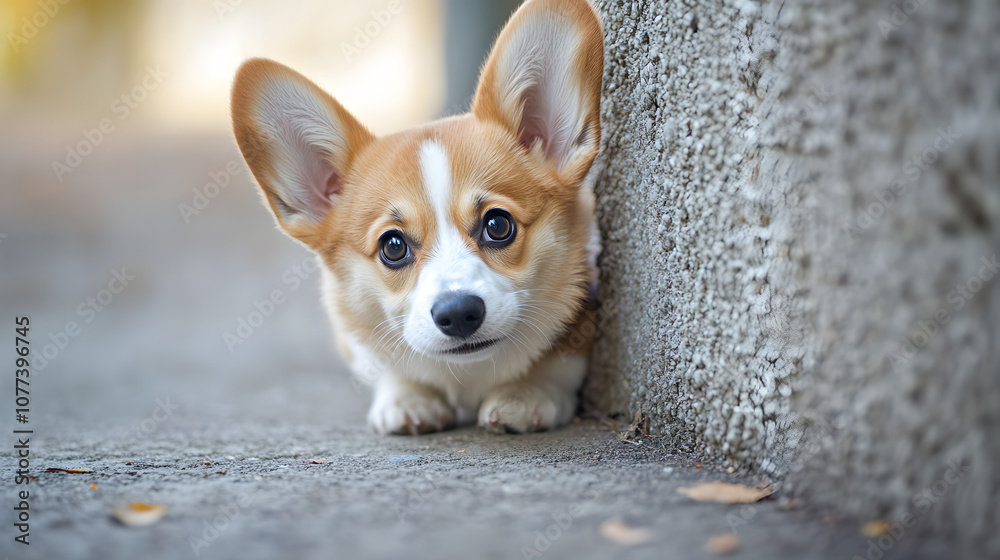 A curious Corgi puppy peeking around a corner with its big ears up expressing playfulness and energy. A curious Corgi puppy peeking around a corner with its big ears up expressing playfulness and energy.