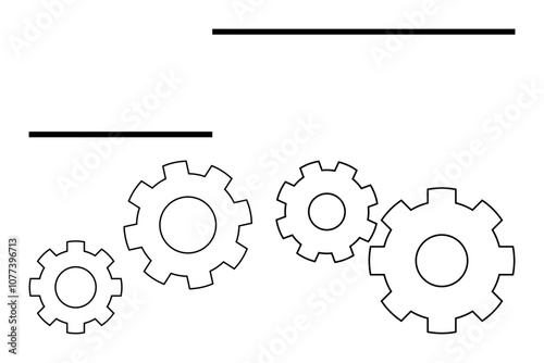 Three interlocking gears of different sizes in a diagonal alignment beneath two horizontal lines. Ideal for business, engineering, teamwork, collaboration, processes, efficiency, organization. Line