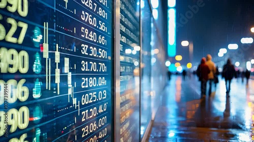 Digital Stock Market Display on City Street at Night

