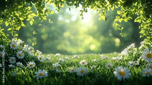 A serene forest scene with daisies and lush greenery, evoking tranquility and nature's beauty.