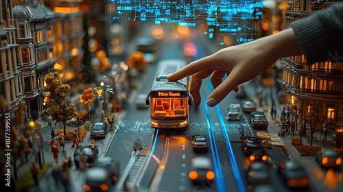 Hand reaching out to a miniature bus on a model city street with digital data overlay. photo