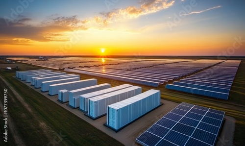 Solar energy storage units at a solar farm during sunset, with multiple rows of solar panels and large battery containers in an organized layout