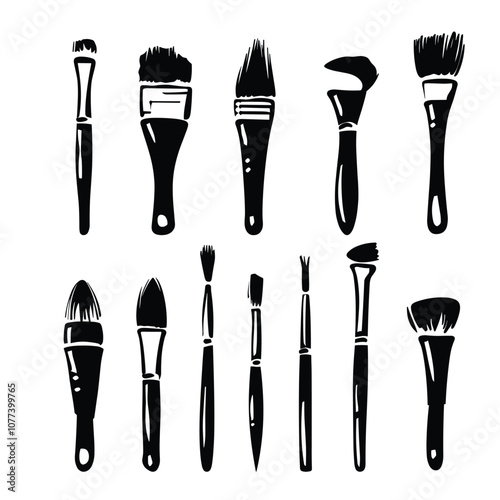 Artistic representation of various paintbrushes in black and white, showcasing diverse shapes and sizes.