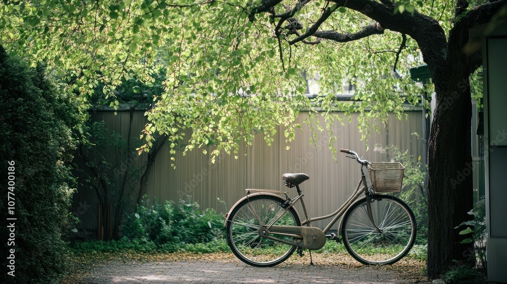 Fototapeta premium A vintage bicycle parked beneath a leafy tree, surrounded by greenery and a cobblestone path