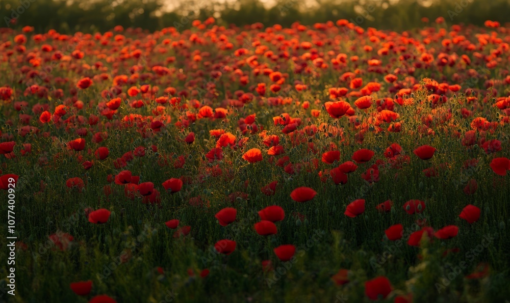 Obraz premium Red poppy field at sunset in a summer meadow