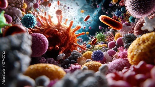 A vibrant and detailed depiction of viruses and cells viewed microscopically, highlighting the complexity and diversity of microscopic biological entities. photo