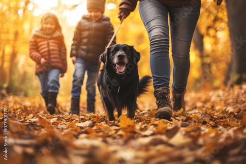 Joyful Family Hiking TogetherTheir Dog inColorful Autumn Forest photo