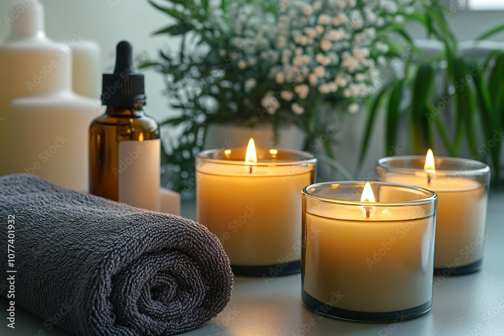 Candles, spa setting with towels and flowers in soft light Candles, spa setting with towels and flowers in soft light