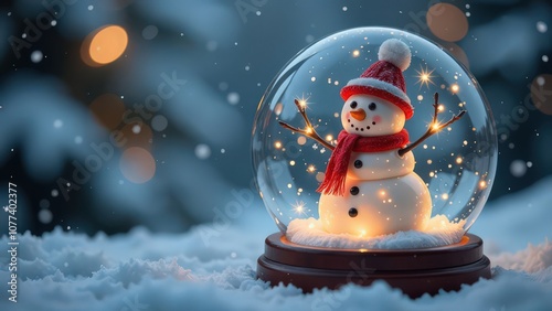 A snow globe with a snowman, evening. Christmas or New Year winter postcard, horizontal, closeup