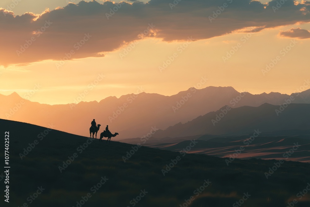 Enduring Companionship in the Desert: A Silhouetted Journey at Sunset withCamel Enduring Companionship in the Desert: A Silhouetted Journey at Sunset withCamel