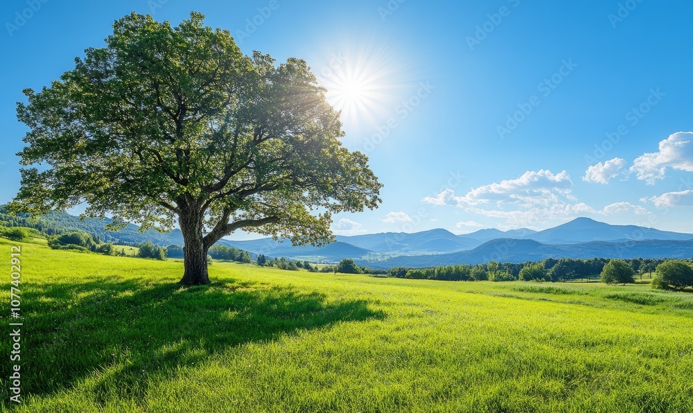 Fototapeta premium Vibrant green meadow with a large tree under a sunny sky and distant mountains
