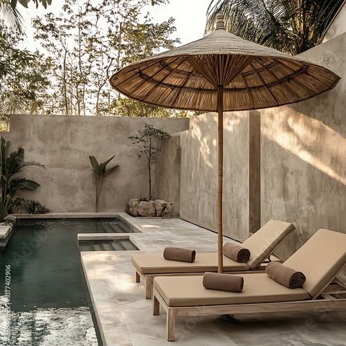 there are two lounge chairs and an umbrella by the pool