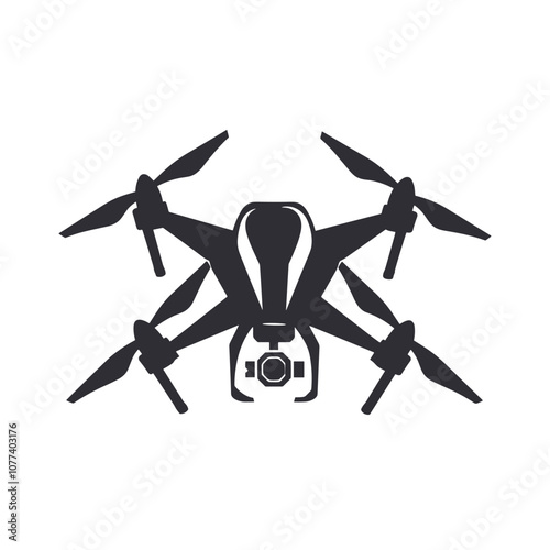 Black silhouette of a quadcopter drone with four propellers and a camera set against a white background.