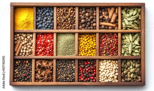 Variety of spices arranged in a wooden box, white isolate background