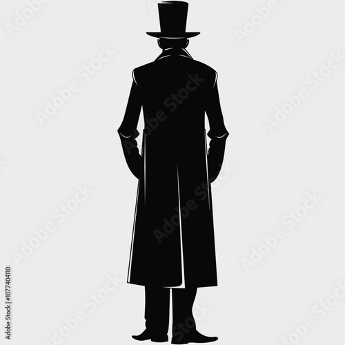 Silhouette of a man in a top hat and long coat, exuding mystery and elegance against a plain backdrop.