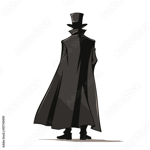 Silhouette of a mysterious figure in a dark cloak and top hat against a white background, evoking mystery and intrigue.