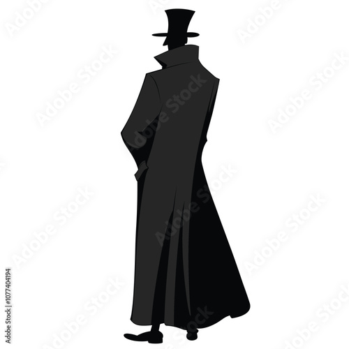Mysterious silhouette of a man in a top hat and long coat against a white background.