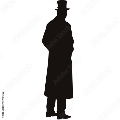 Silhouette of a man in a long coat and top hat, evoking a sense of mystery and historical elegance.