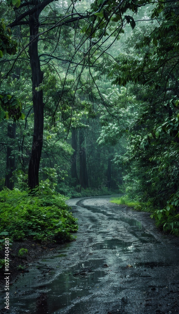 Naklejka premium Lush Forest Pathway in Heavy Rain: Nature's Intensity and Serenity for Posters or Prints