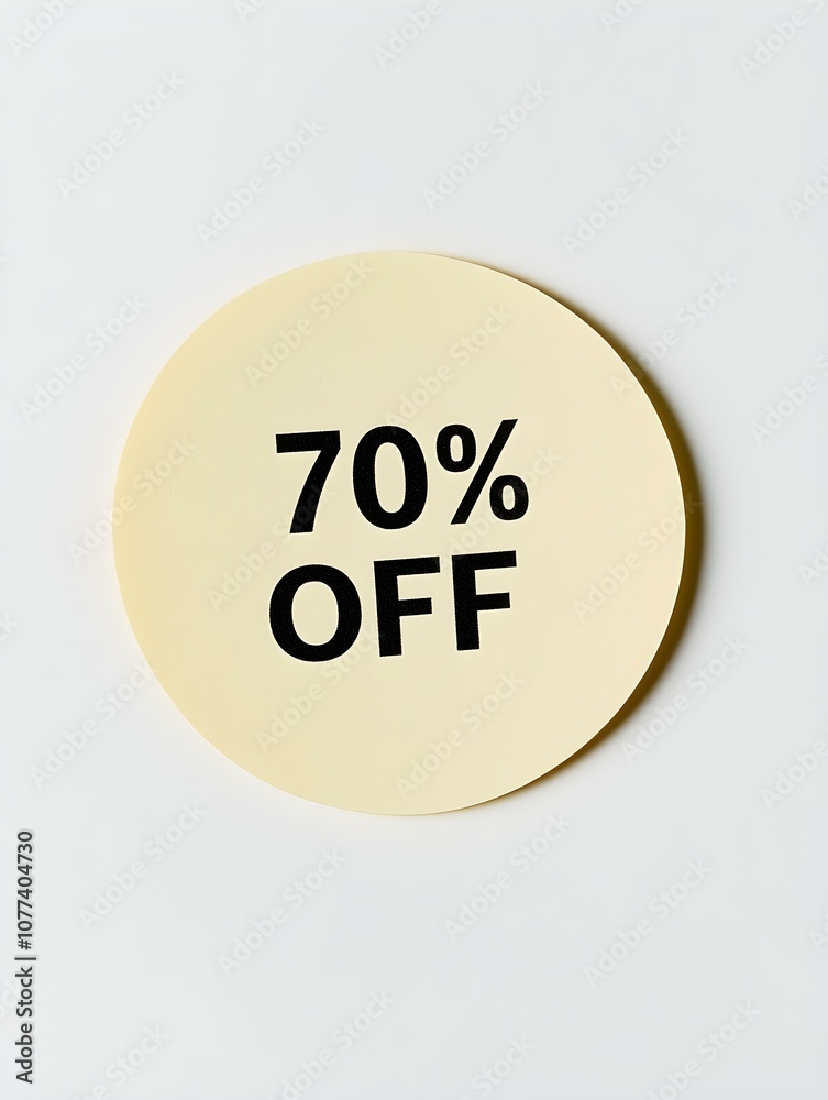 Black '70% OFF' Text on a Light Yellow Round Paper Note. White Background Black '70% OFF' Text on a Light Yellow Round Paper Note. White Background