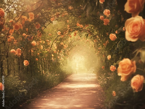 there is a pathway with roses growing on it and a gate photo