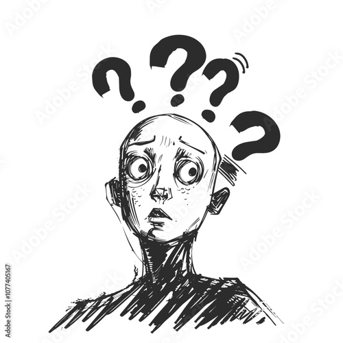 Illustration of a person with a puzzled expression surrounded by question marks on a white background.