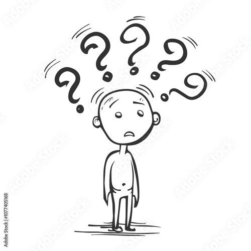 Black and white illustration of a cartoon character expressing confusion with question marks above their head.