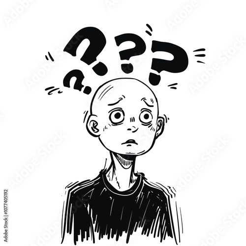 Confused cartoon character with puzzled facial expression surrounded by question marks, emphasizing uncertainty.