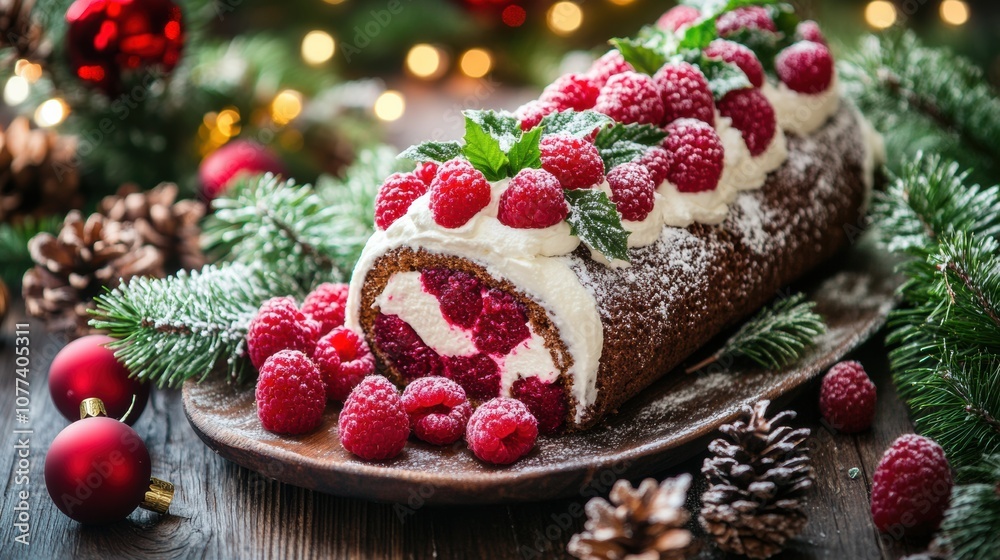 Delicious raspberry chocolate cake served on a festive table Delicious raspberry chocolate cake served on a festive table