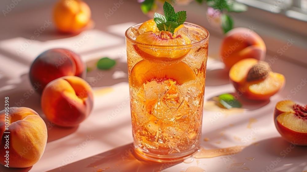Refreshing peach iced tea with ice cubes, mint leaves, and peach slices on a pink surface. Refreshing peach iced tea with ice cubes, mint leaves, and peach slices on a pink surface.
