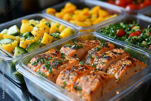 there are four containers of food that include salmon photo