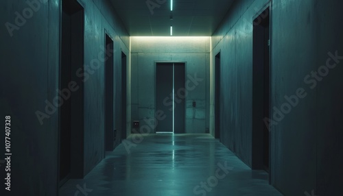 Dimly lit, empty hallway with a door symbolizing future possibilities and unknown