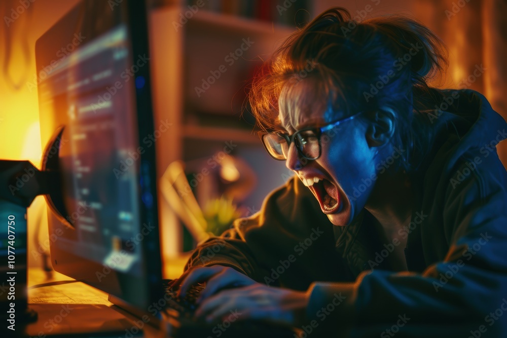 Frustrated Person Shouting at Computer in Dimly Lit Room - Stress and Technology Concepts Frustrated Person Shouting at Computer in Dimly Lit Room - Stress and Technology Concepts