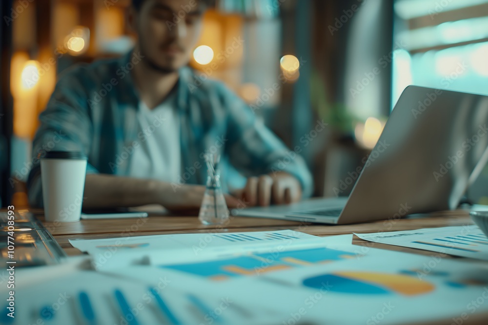 Professional Man Working on Laptop with Coffee and Data Chart Analytics in Modern Office Workspace Professional Man Working on Laptop with Coffee and Data Chart Analytics in Modern Office Workspace