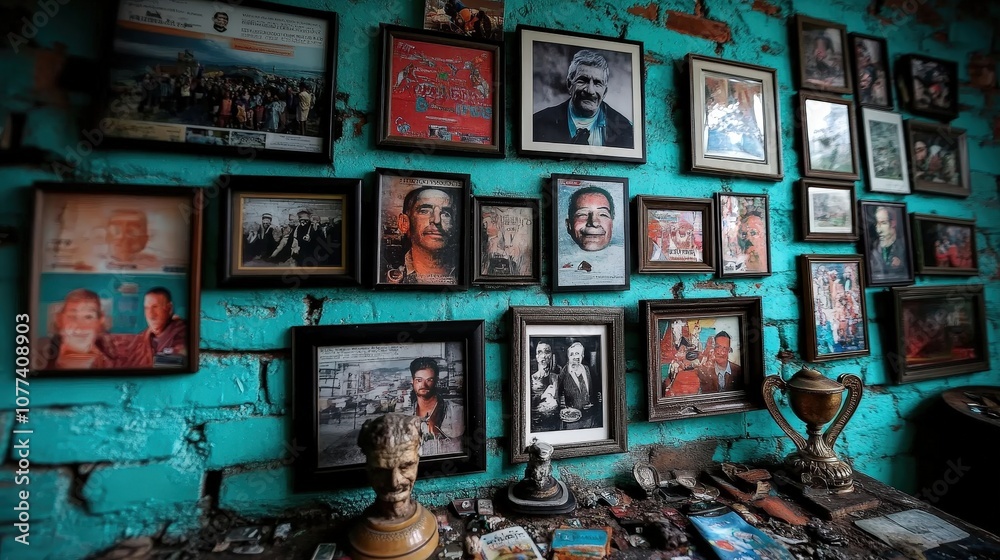 Fototapeta premium A wall adorned with a variety of framed portraits beside an eclectic mix of statuettes, creating a rich tapestry of art and history within a vintage setting.