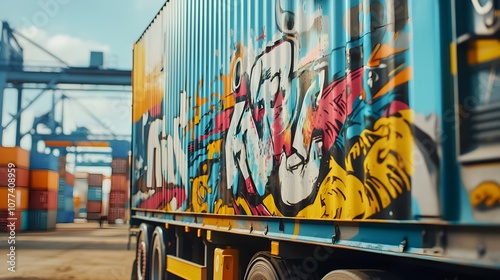 Colorful graffiti art on a shipping container at a port. photo