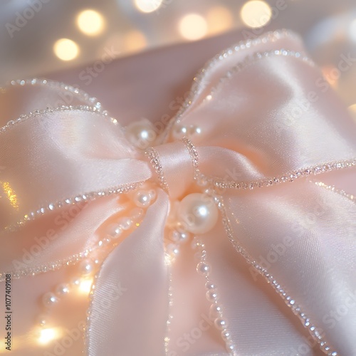 there is a pink bow with pearls on it on a white table photo