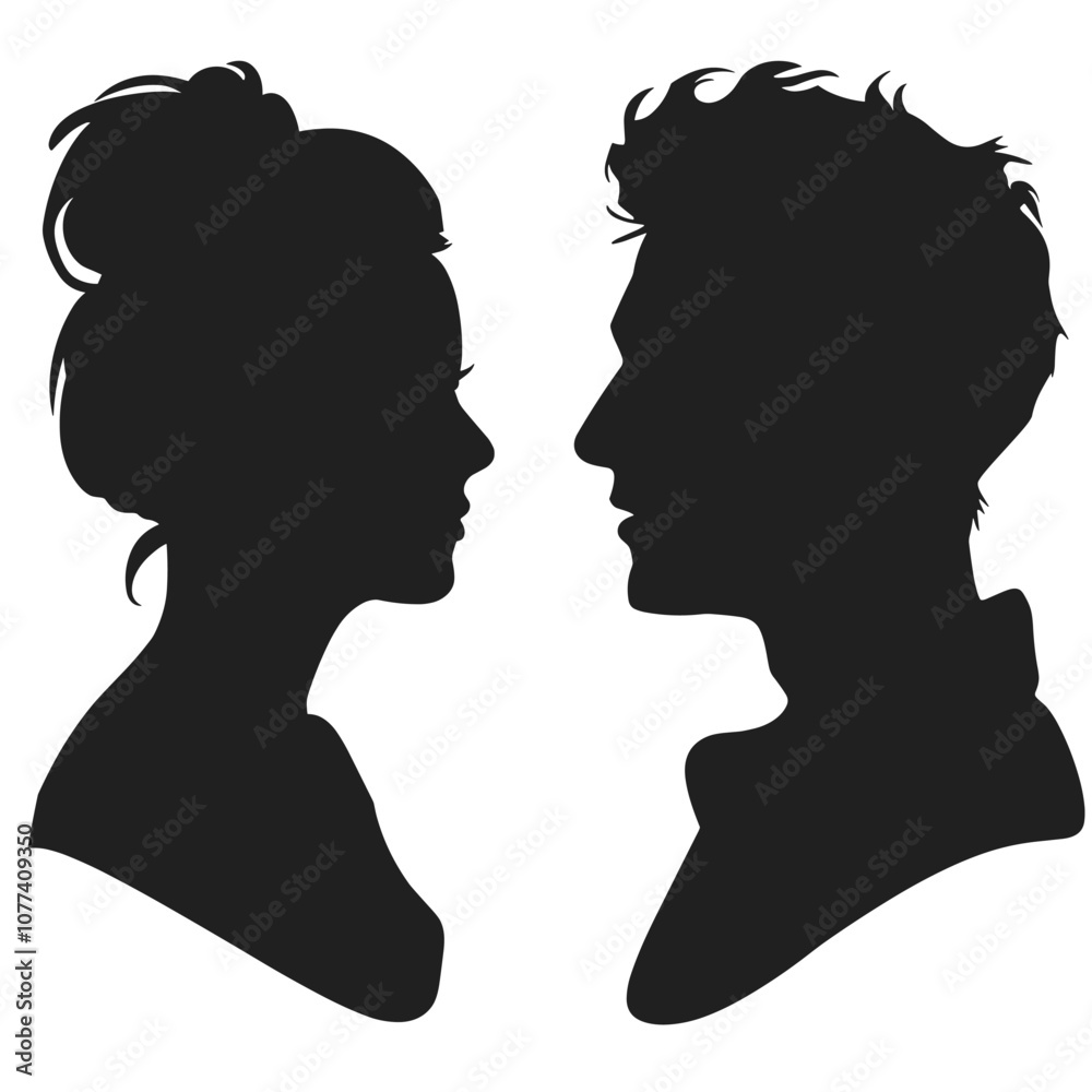 Silhouettes of a woman and a man facing each other on a white background. Silhouettes of a woman and a man facing each other on a white background.
