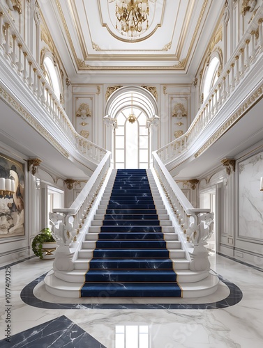 arafed staircase with blue carpet and white railings in a large room photo