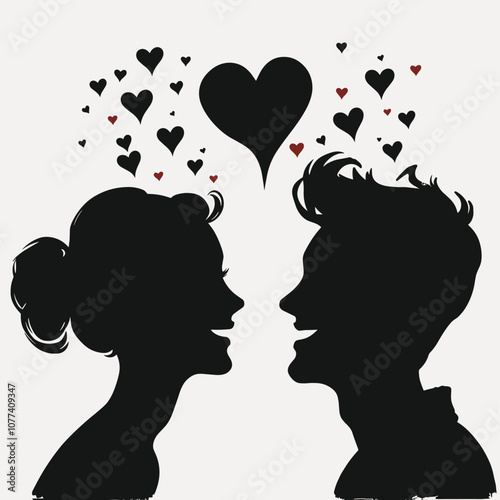 Silhouette of a couple gazing at each other with heart symbols above, representing love and romance.