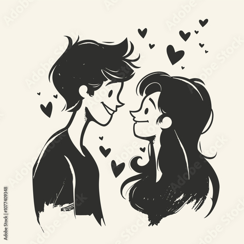 Illustrated couple smiling at each other with hearts floating around, expressing love and affection.