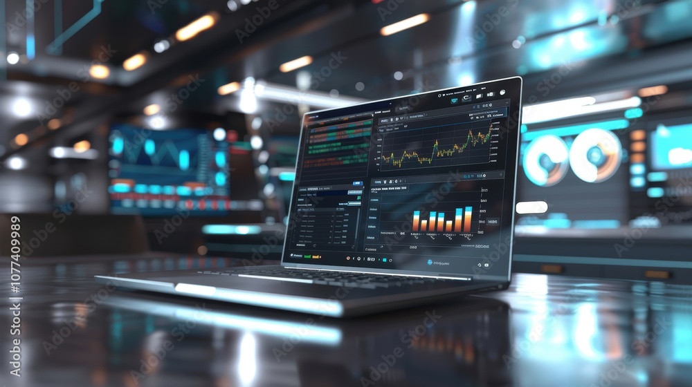 High-Tech Office Setup with Data Analytics Display for Professional and Business Use High-Tech Office Setup with Data Analytics Display for Professional and Business Use
