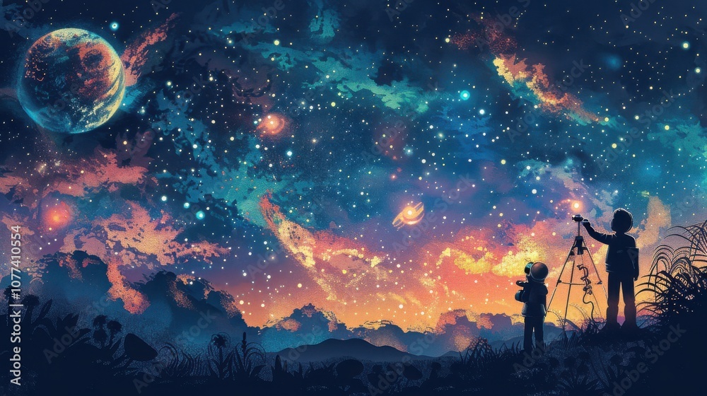 Obraz premium Illustration of children on a space exploration mission, charting unexplored star systems and mapping cosmic phenomena in vector style