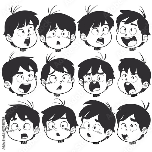 Collection of twelve cartoon expressions showcasing a young boy's diverse emotions in black and white illustrations.