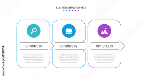 Horizontal progress bar featuring 3 arrow-shaped elements, symbolizing three six stages of business strategy and progression. Clean timeline infographic design template. Vector for presentation