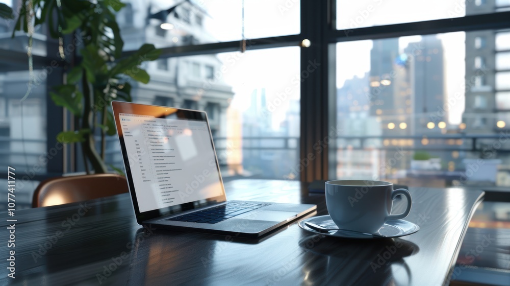 Modern Workspace with Laptop and Tea in Stylish City Apartment Modern Workspace with Laptop and Tea in Stylish City Apartment